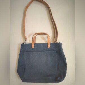Thirty-One Window Shopper Tote bag  Blue/Gray canvas with leather straps